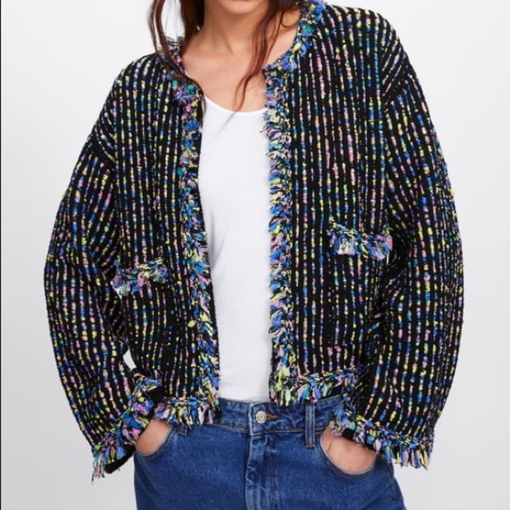 Zara Black Multicolored Knit Frayed Jacket Small
